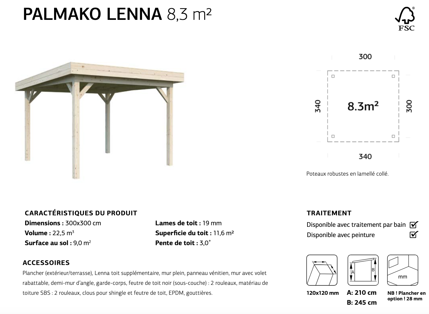 Tonnelle toit plat avec panneaux vénitiens 3 x 3 m | Bois brut | Lenna Set 302 | 8,3 m²