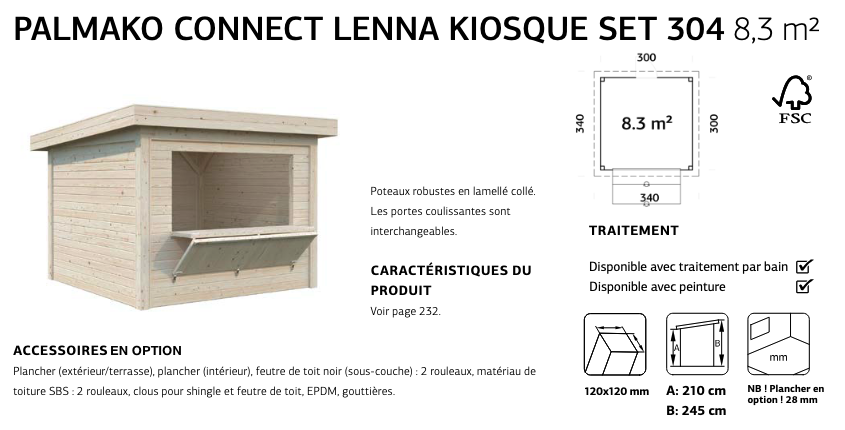 Chalet bois foire toit plat 3 x 3 m | Bois brut | Lenna Set 304 | 8,3 m²