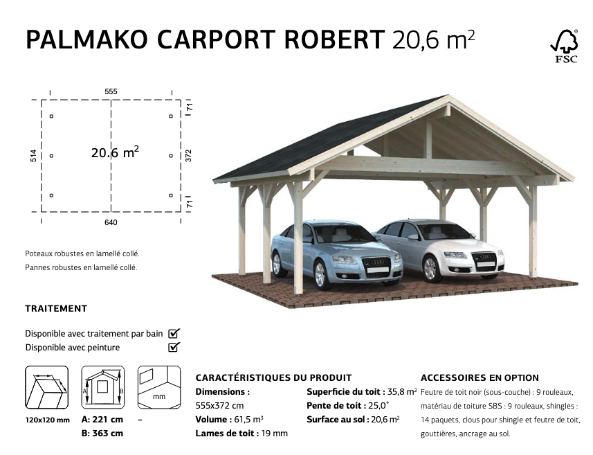 Carport en bois massif 5,55 x 3,72 m | Bois brut | Robert 20,6 m²