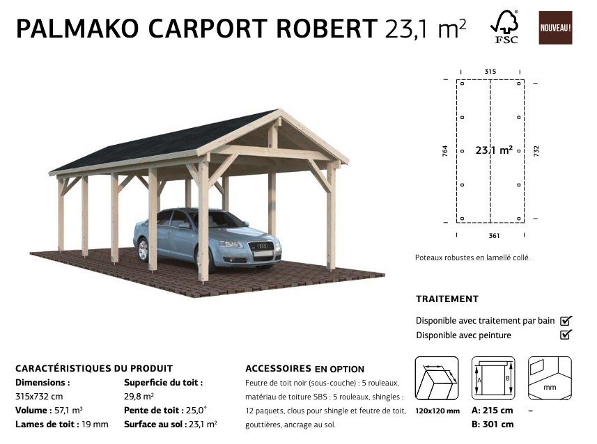 Carport extérieur bois double pente 3,15 x 7,32 m | Bois brut | Robert 23,1 m²