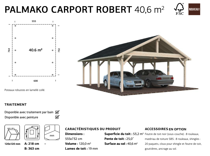 Carport bois 2 pentes kit 5,55 x 7,32 m | Bois brut | Robert 40,6 m²