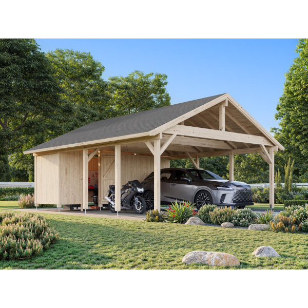 Carport bois avec cabanon de rangement 5,55 x 3,63 m | Bois brut | Robert 40,6 m²