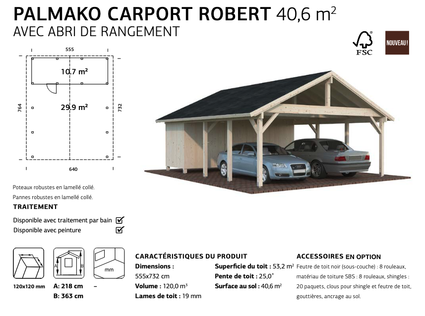 Carport bois avec cabanon de rangement 5,55 x 3,63 m | Bois brut | Robert 40,6 m²