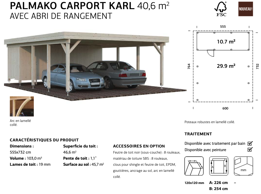 Carport 2 voitures Karl 6 x 5,12 m – Palmako