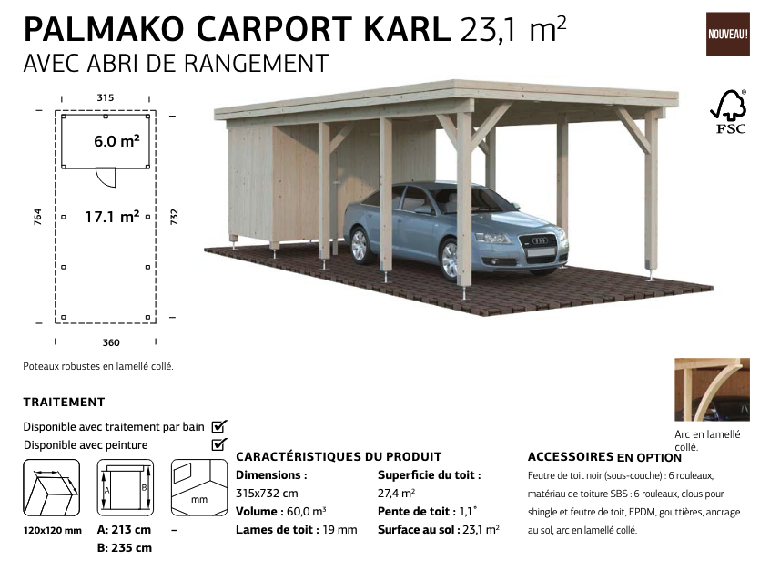 Abri voiture bois avec remise Palmako 3,15 x 7,32 m | Bois brut | Karl 23,1 m²