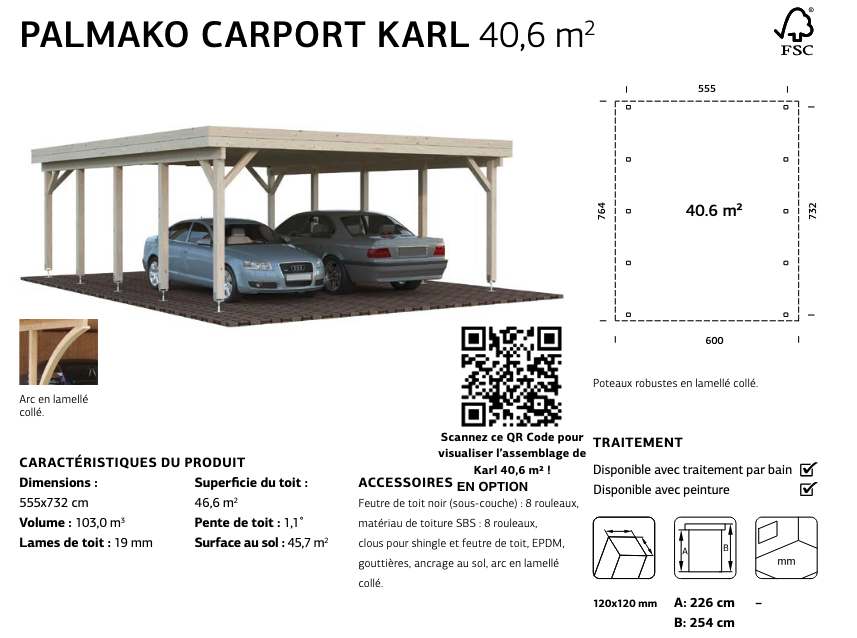 Carport bois 2 places 5,55 x 7,32 m | Bois brut | Karl 40,6 m²