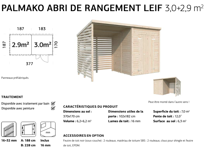 Petit abri monopente 183 x 170 cm | Bois brut | Leif | 3 m²