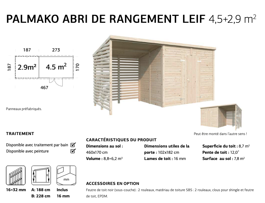 Abri bois pour bûches extérieur, 460 x 170 cm | Bois brut | Leif | 4,5 + 2,9 m²