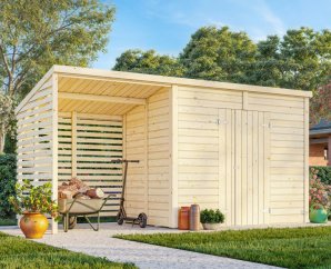 Abri bois pour bûches extérieur, 460 x 170 cm | Bois brut | Leif | 4,5 + 2,9 m²