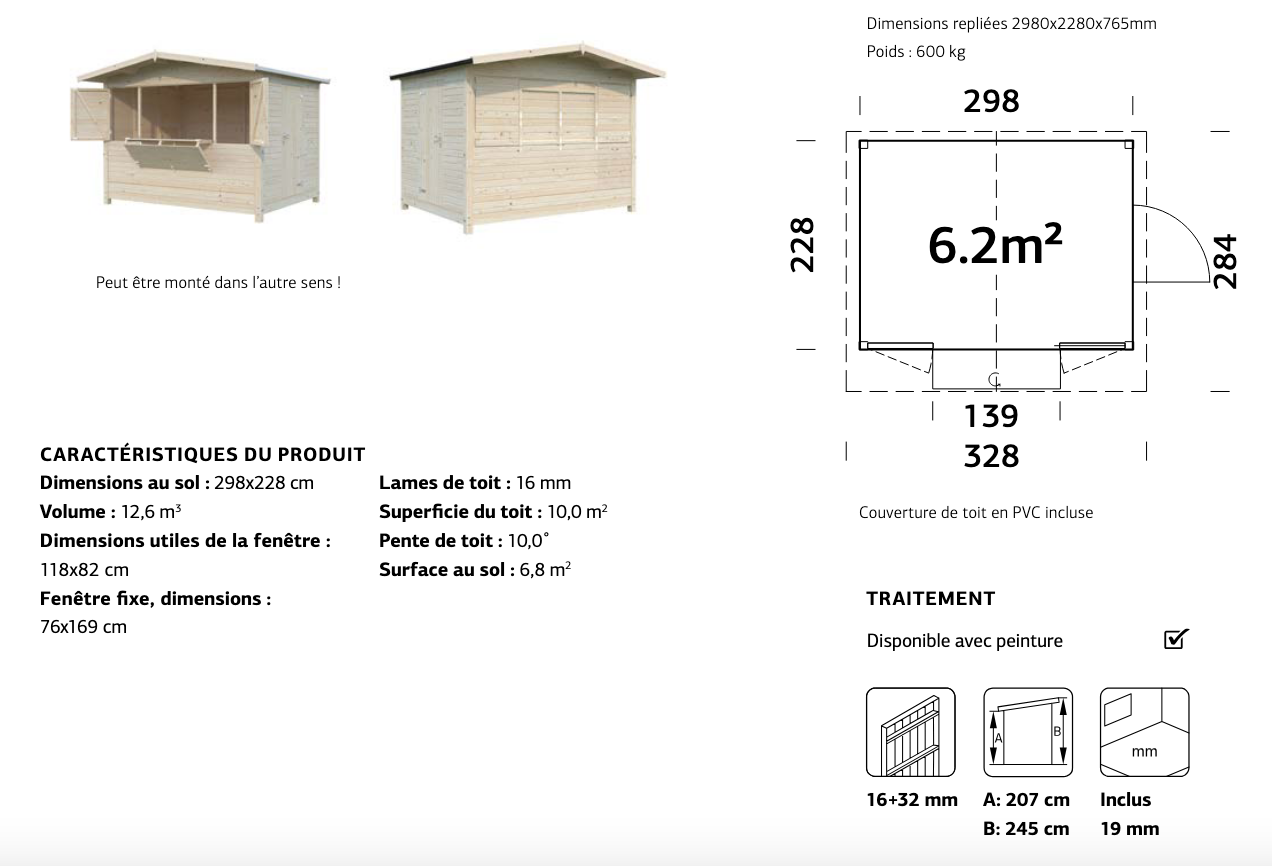 Chalet pliable foire en bois 2,98 x 2,28 m | Bois brut | Marian | 6,2 m²