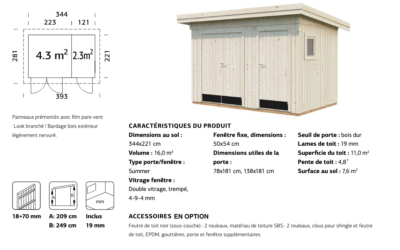 Abri bois mono pente préfabriqués, 344 x 221 cm | Bois brut | Kalle | 6,6 m²