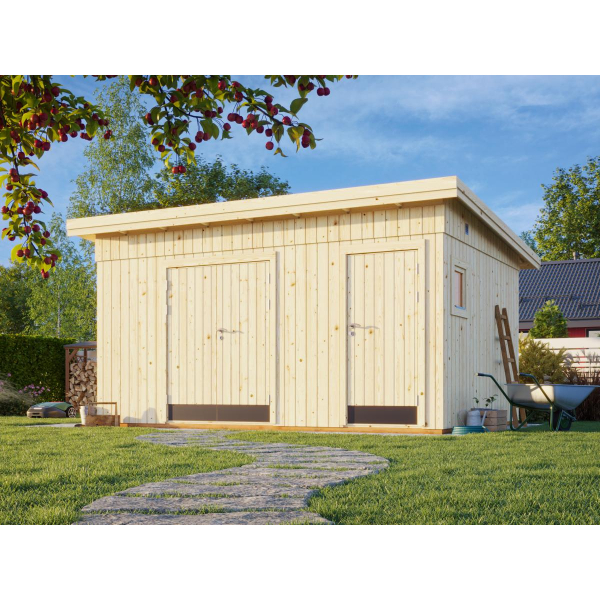 Cabanon extérieur bois massif double accès, 452 x 330 cm | Bois brut | Kalle | 13,5 m²
