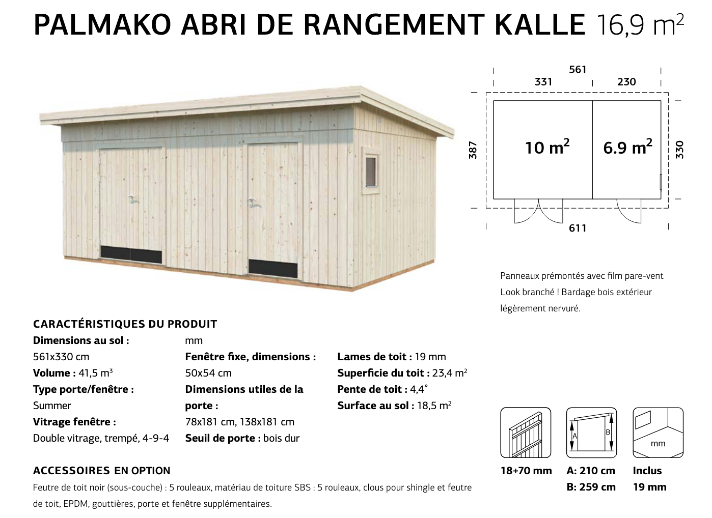 Kit abri jardin panneaux préfabriqués, 561 x 330 cm | Bois brut | Kalle | 16,9 m²