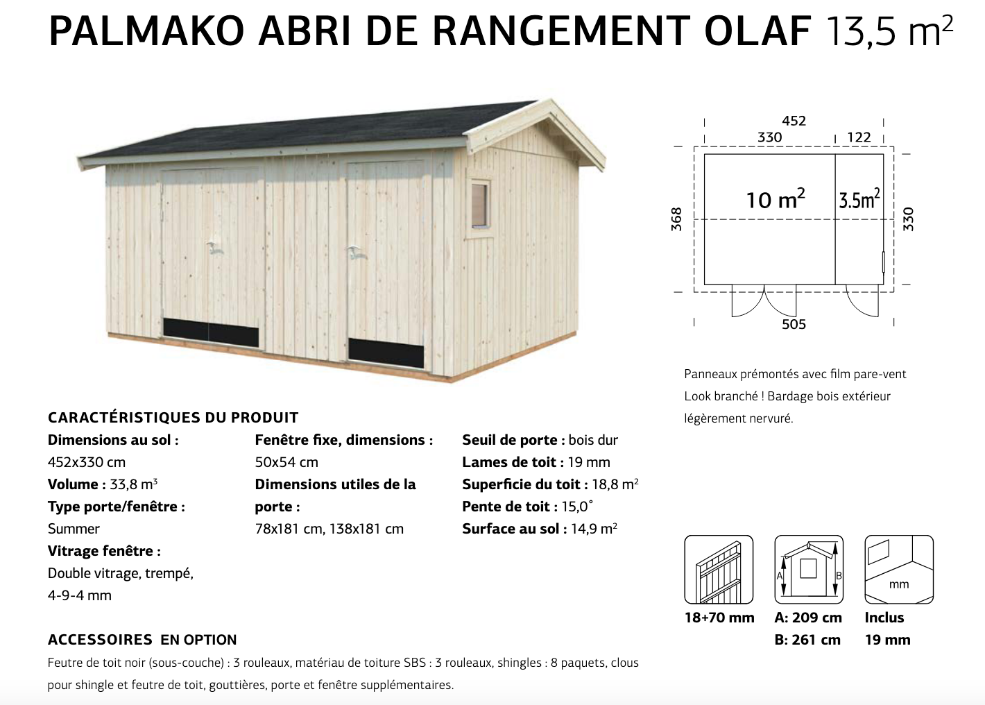 Abri outils jardin bois non traité, 452 x 330 cm | Bois brut | Olaf | 13,5 m²