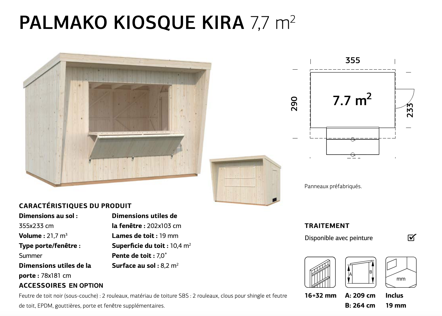 Chalet de vente foire bois 3,55 x 2,33 m | Bois brut | Kira | 7,7 m²