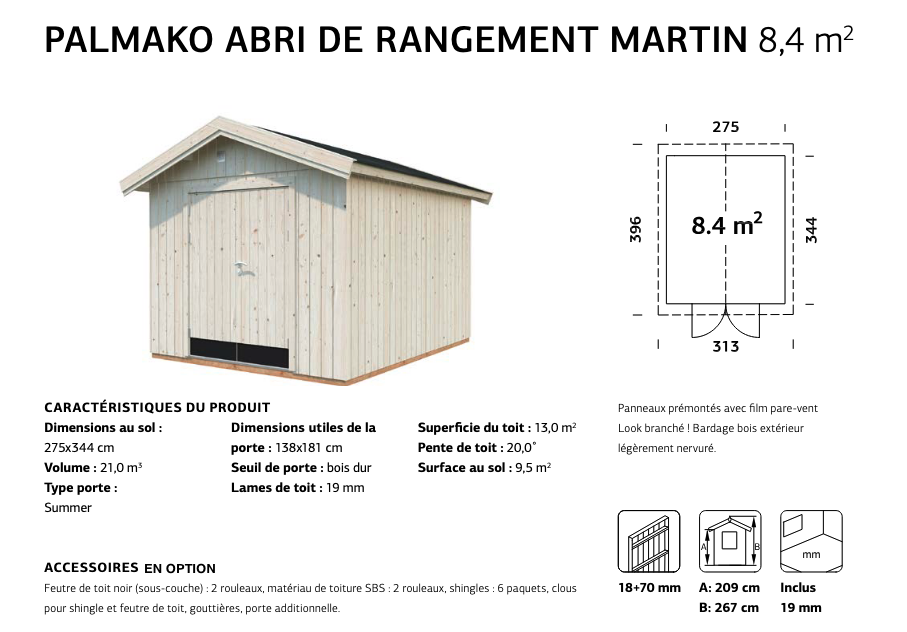 Cabanon bois avec portes isolées, 275 x 344 cm | Bois brut | Martin | 8,4 m²