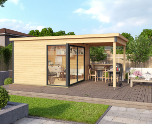 Abri de jardin avec auvent DOMEO 2 | 504,4 x 300 cm | Bois brut | 44 mm d'épaisseur