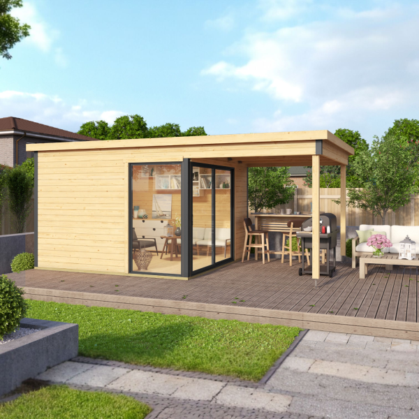 Abri de jardin avec auvent DOMEO 2 | 504,4 x 300 cm | Bois brut | 44 mm d'épaisseur