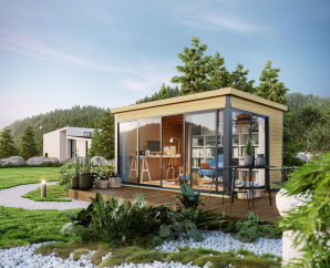 Abri moderne avec vitrage DOMEO 4 | 322 x 418 cm | Bois brut | 44 mm d'épaisseur