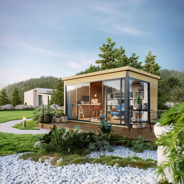 Abri moderne avec vitrage DOMEO 4 | 322 x 418 cm | Bois brut | 44 mm d'épaisseur