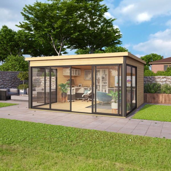 Abri de jardin moderne, DOMEO 5 | 418 x 418 cm | Bois brut | 44 mm d'épaisseur