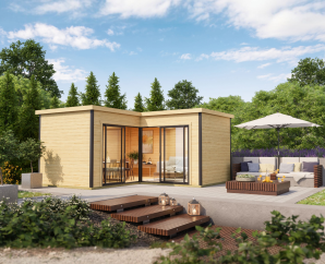 Abri de jardin en L, DOMEO 6 | 500 x 500 cm | Bois brut | 44 mm d'épaisseur