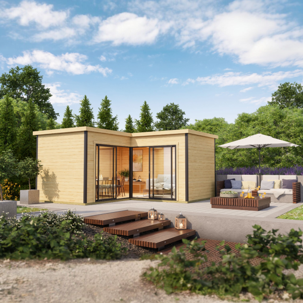 Abri de jardin en L, DOMEO 6 | 500 x 500 cm | Bois brut | 44 mm d'épaisseur