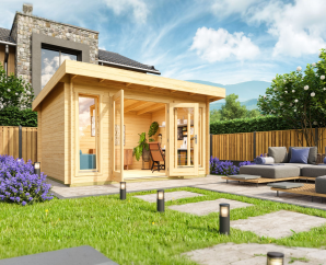 Abri contemporain en bois, DORSET 2 | 300 x 390 cm | Bois brut | 34 mm d'épaisseur