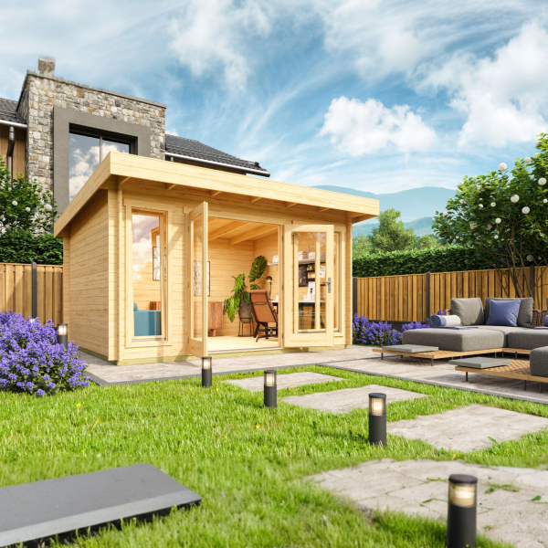 Abri contemporain en bois, DORSET 2 | 300 x 390 cm | Bois brut | 34 mm d'épaisseur