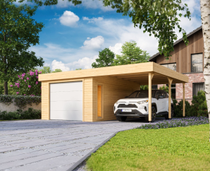 Garage bois avec carport BAHAMAS porte sectionnelle | 660x540 cm | Bois brut | 44 mm d'épaisseur