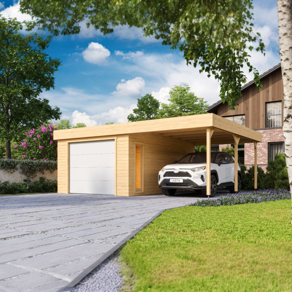 Garage bois avec carport BAHAMAS porte sectionnelle | 660x540 cm | Bois brut | 44 mm d'épaisseur
