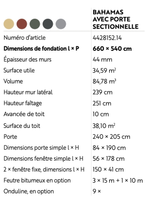 Garage bois avec carport BAHAMAS porte sectionnelle | 660x540 cm | Bois brut | 44 mm d'épaisseur