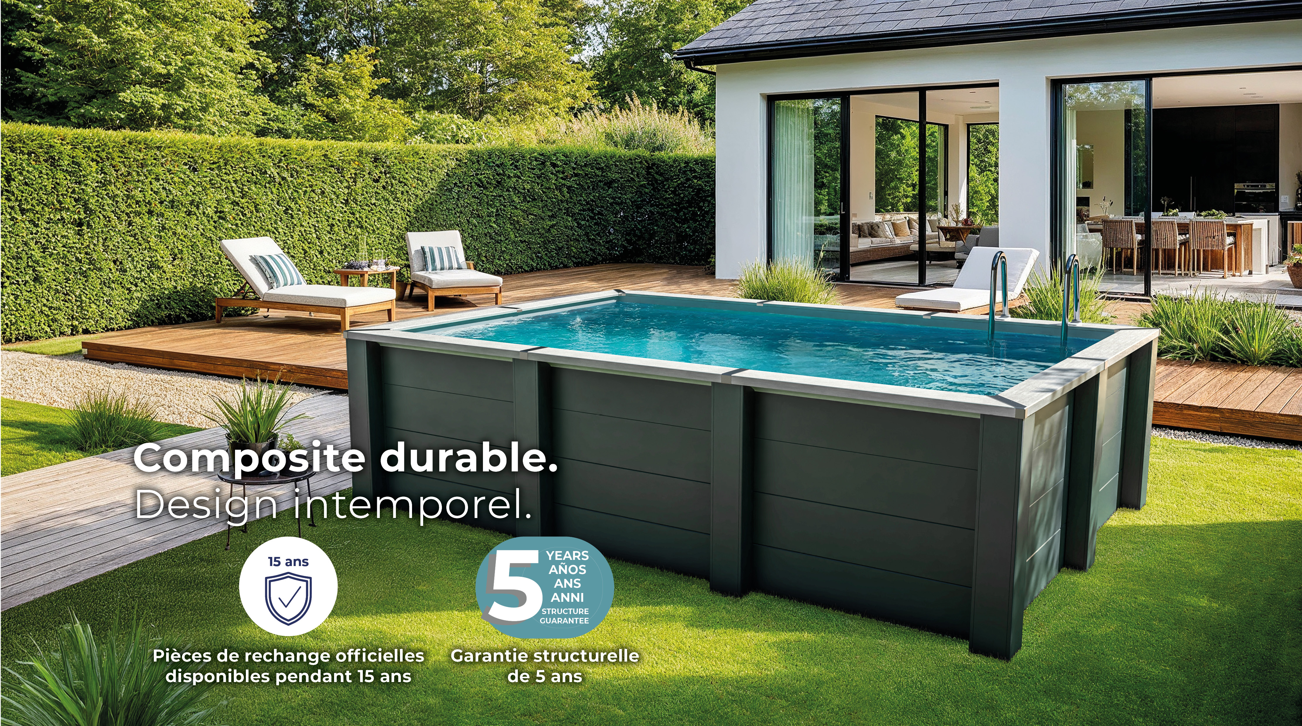 Piscine bois composite rectangulaire avec projecteur LED 595 x 315 – H 126 cm - GRÉ