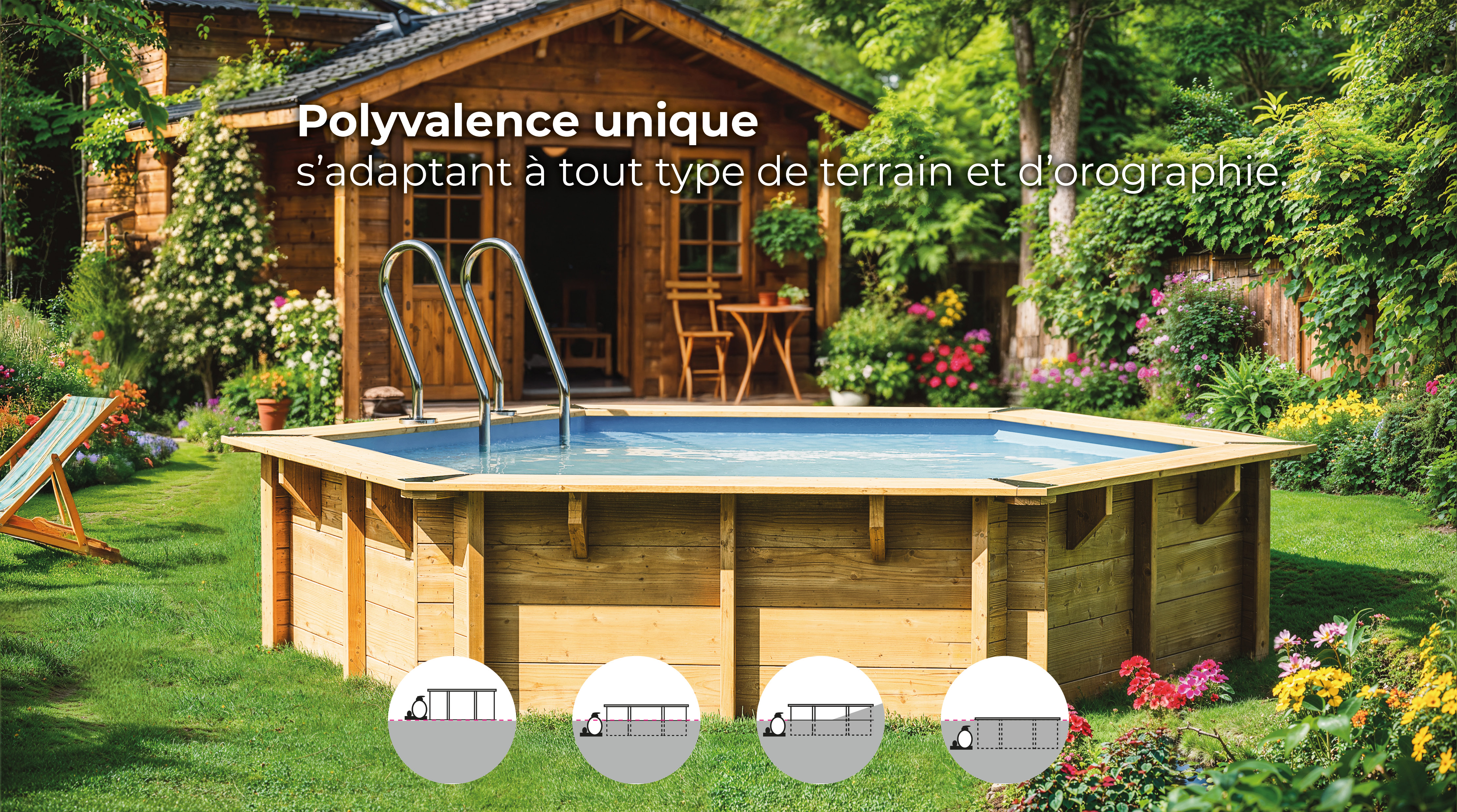 Piscine en bois octogonale allongée VERMELA - 672 x 472 cm / H 146 cm - SUNBAY