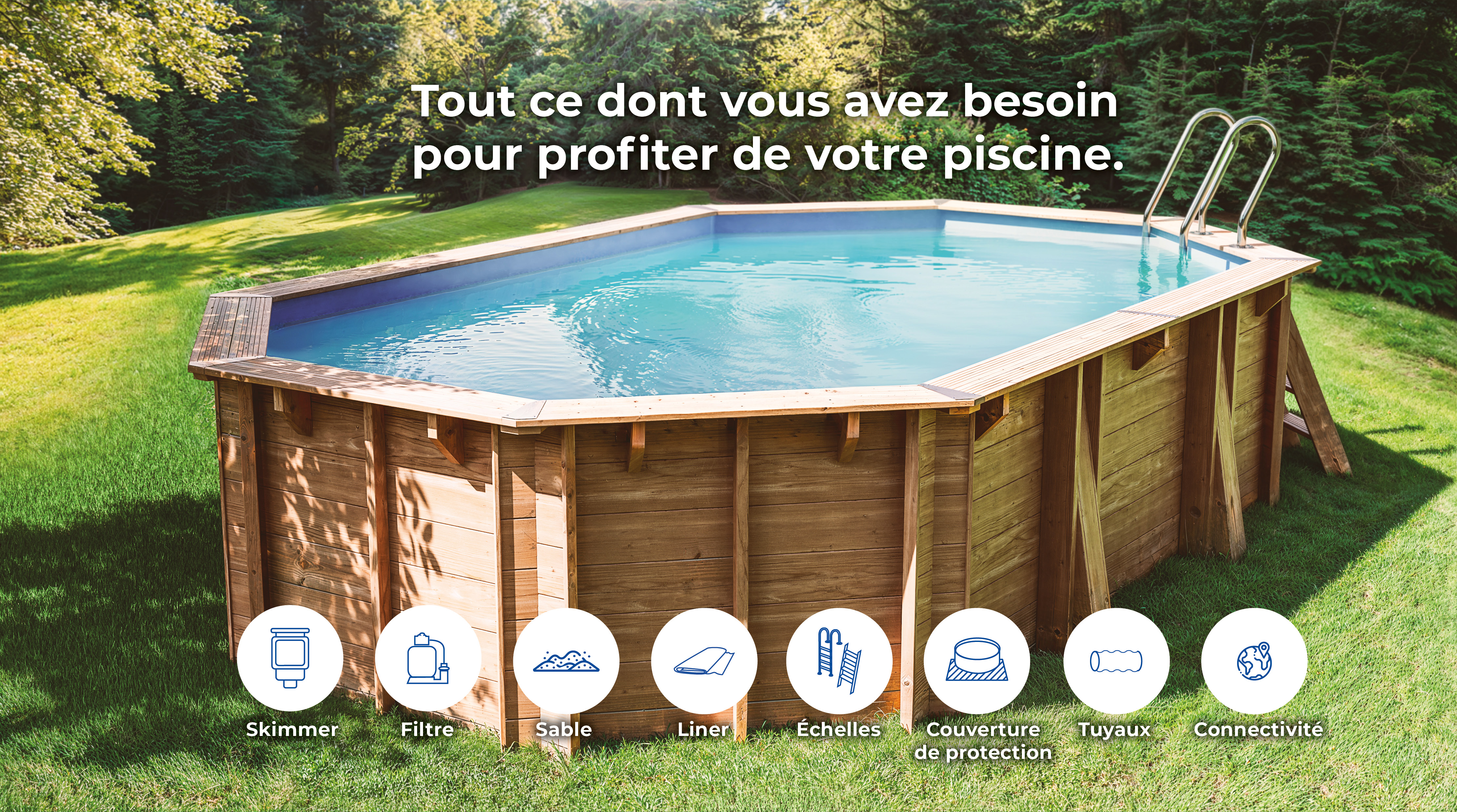 Piscine en bois octogonale allongée CANNELLE 535 x 335 cm - H 117 cm - SUNBAY
