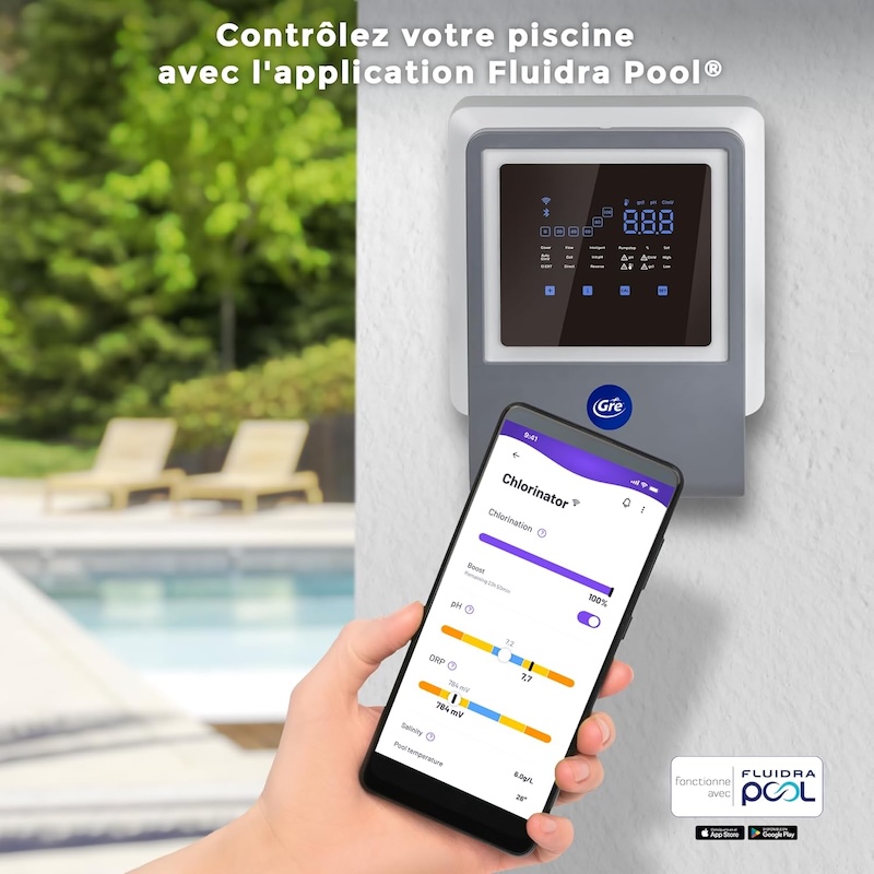 Électrolyseur piscine automatique SWC connecté 21g/h + pH jusqu'à 100 m3 - GRE