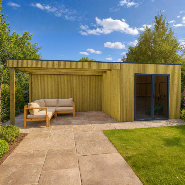 Kit abri de jardin en bois | 304 x 304 cm + auvent 403 cm | Bois traité | 28 mm d'épaisseur