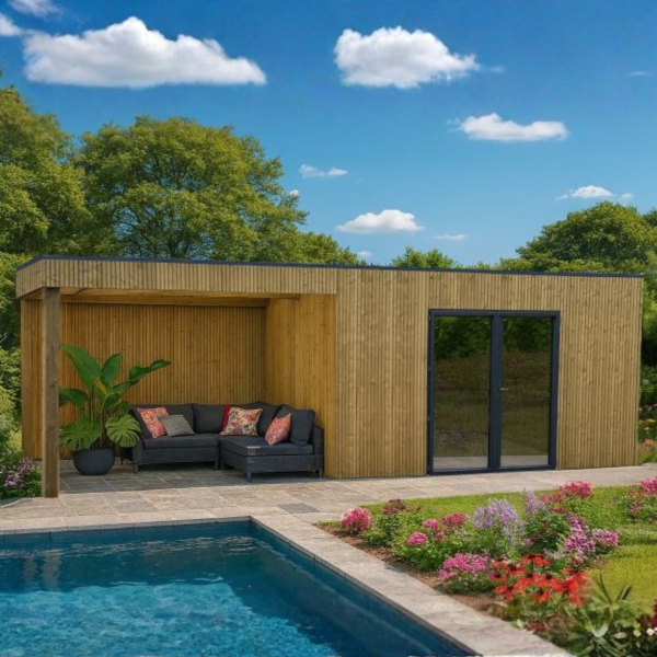 Poolhouse bois avec auvent toit plat NAZARÉ | 408 x 304 cm + auvent 403 cm | Bois traité | 28 mm d'é