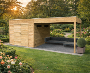 Pool House Bois avec Auvent MESSINA SOLID - 298,8 x 290,8 cm + auvent 287 cm | Bois traité | 19 mm d