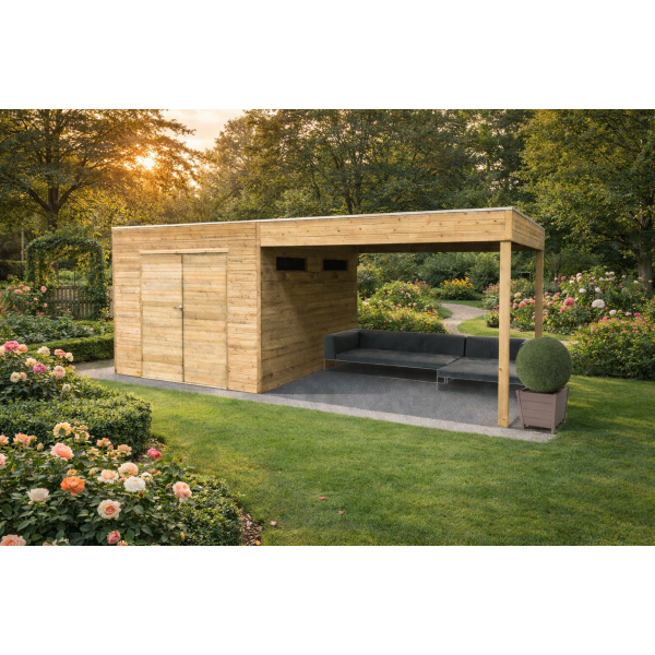 Pool House Bois avec Auvent MESSINA SOLID - 298,8 x 290,8 cm + auvent 287 cm | Bois traité | 19 mm d