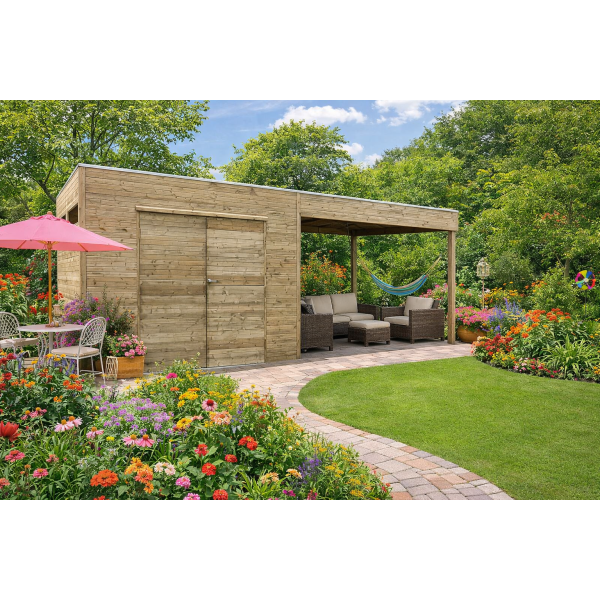 Abri de jardin bois avec auvent AMALFI – 298,8 x 198,8 cm + auvent 287 cm | Bois traité | 19 mm d'ép