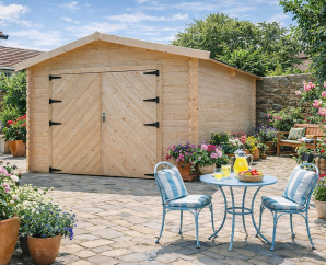 Garage en bois double porte bois  | 358 x 508 cm | Bois brut | 28 mm d'épaisseur