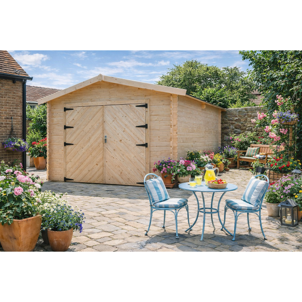 Garage en bois double porte bois  | 358 x 508 cm | Bois brut | 28 mm d'épaisseur