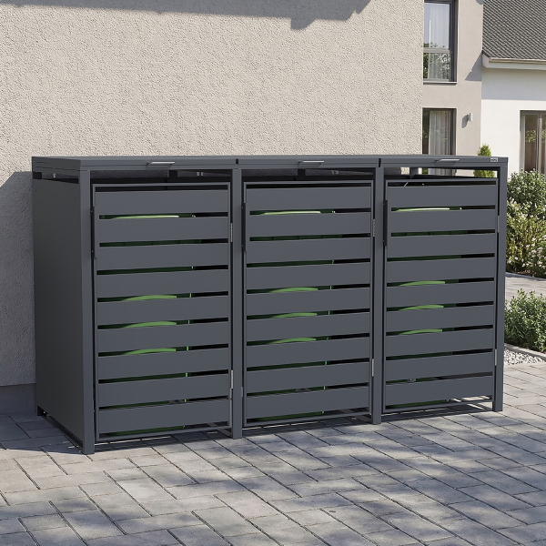 Cache-poubelle en métal GARY Anthracite pour 3 bacs 720 L |  198,5 x 80 cm