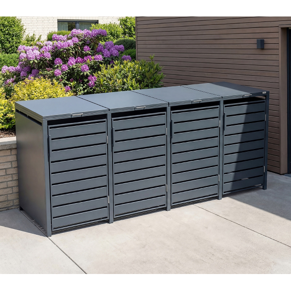 Cache-poubelle en métal GARY Anthracite pour 4 bacs 960 L |  265 x 80 cm