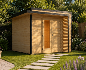 Abri de jardin moderne en bois Amberley | 300 × 300 cm | Bois brut | 28 mm d'épaisseur