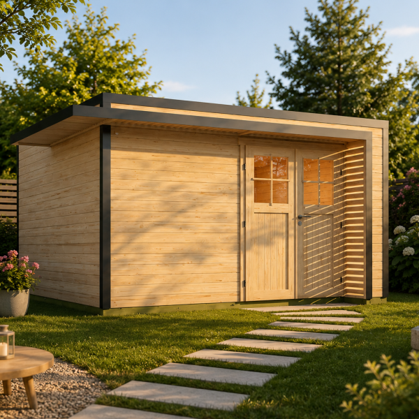 Abri de jardin bois Amberley double porte | 400 × 400 cm | Bois brut | 44 mm d'épaisseur