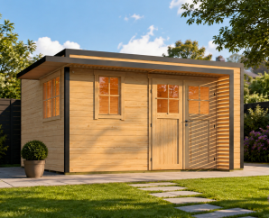 Abri de jardin bois Amberley double porte et fenêtres | 400 × 400 cm | Bois brut | 44 mm d'épaisseur