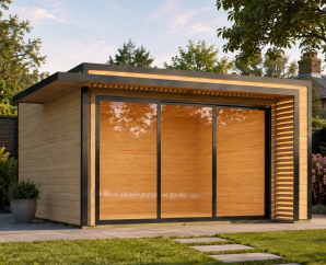 Abri de jardin bois Amberley porte coulissante | 400 × 400 cm | Bois brut | 44 mm d'épaisseur