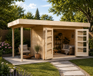 Pool House en bois 126 | 6,7 à 8,5 m² + Auvent 3,4 à 8,7 m² | 4 coloris | 28 mm d'épaisseur